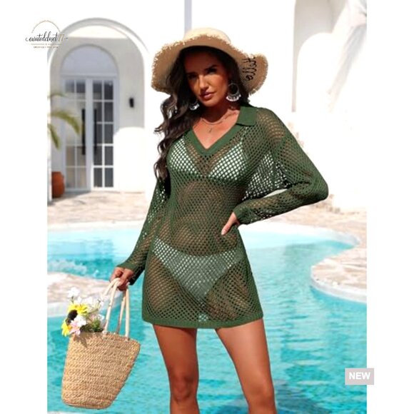 Crochet Swim Coverup Long Sleeve Loose Fit Polyester Beach Vacation Outfit - Picture 5 of 7